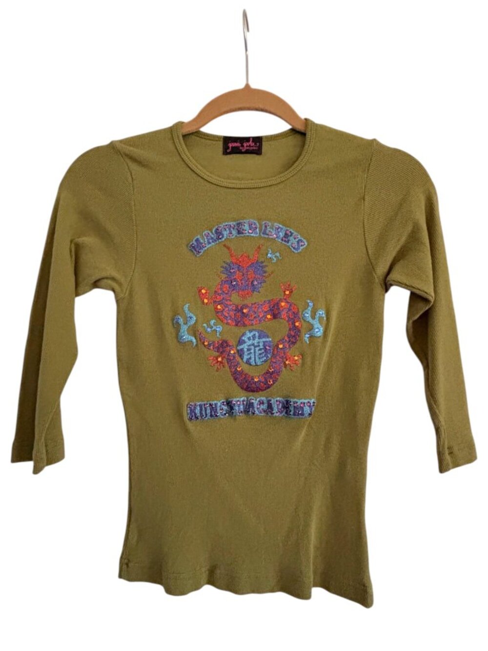 Joomi Joolz, Green  3/4 sleeve green top with glitter art a dragon, y2k fashion